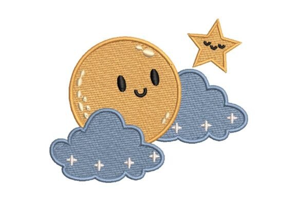 Cute Smiling Moon, Clouds, and Star Embroidery Design